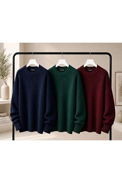DepoExport Women's 3-Piece Crew Neck Oversize Knitwear Sweater Soft Knitted S...