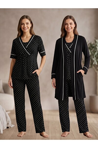 by İGP Polka Dot Maternity Pajama Set with Nursing Feature and Dressing Gown