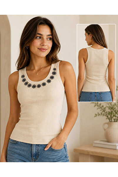 Hobi Kafe Hand-Embroidered Metal Accessory Cream Summer T-Shirt (Suitable for...