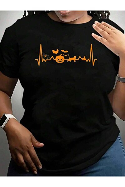 9JY Pumpkin Heartbeat Scary Halloween Black Graphic T Shirts Tee