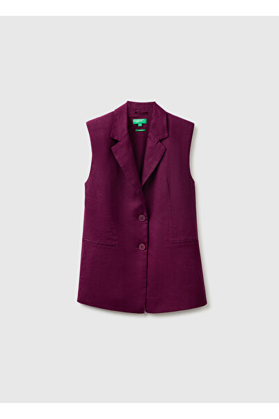 United Colors of Benetton Women's Dark Purple 100% Linen Pocketed Buttoned Vest