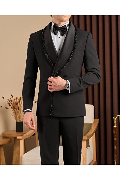TerziAdemAltun Slim fit kruvaze şal yaka taşlı ceket pantolon damatlık set si...