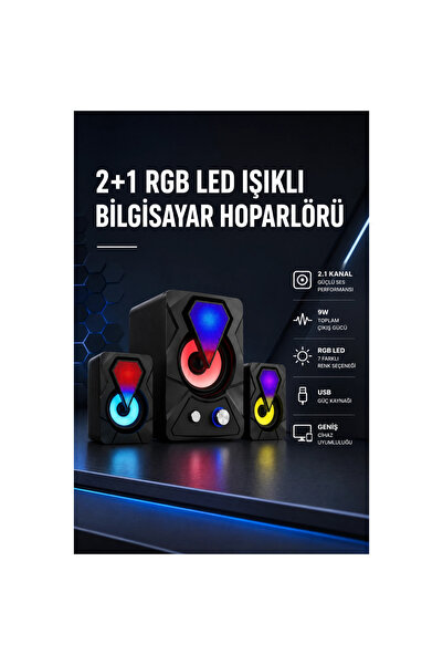 Epilons 2+1 Rgb Led Işıklı Güçlü Bas Sistemli Bilgisayar Hoparlörü