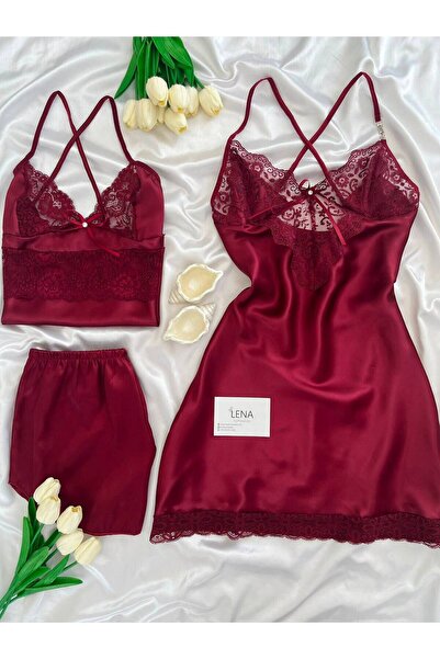 Lena Homewears Kadın 3'lü Saten Gecelik Şort Çeyiz Seti