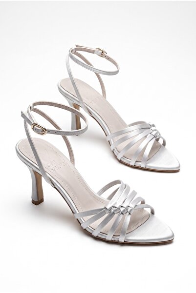 v.s.h velvet Women's Gray Satin Ankle Strap Heeled Shoes Forty