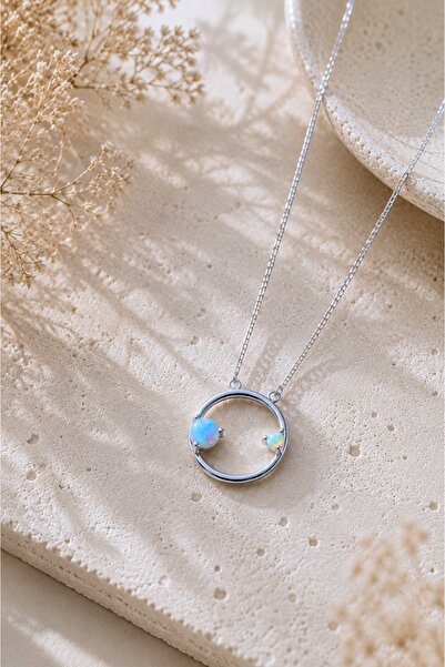 Spossy Silver Jewelry 925 Ayar Gümüş Silver Kaplamalı Yuvarlak Opal Taşlı Kolye
