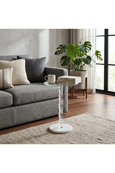 Al Hadaya Mall Modern Design Side Service Table-Transparent and White-35X35X5...