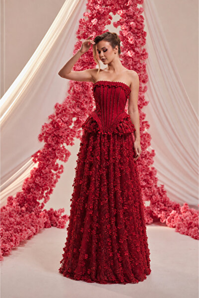 LADYGRACE KADIN ABİYE STRAPLEZ 3BOYUT ÇİÇEKLİ PRENSES MODEL TAŞ İŞLEMELİ UZUN...