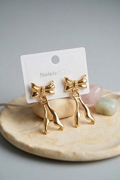 Inure Jewelry 316L Steel Gold Color Bow Design Model Earrings