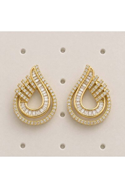 MARE BUTİK Double Drop Gold Earrings with Baguette and Crystal Stones