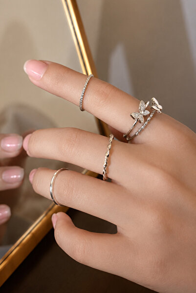 THE Steel Women's Butterfly Detailed Multi-Ring Set with Stones, Minimal Model