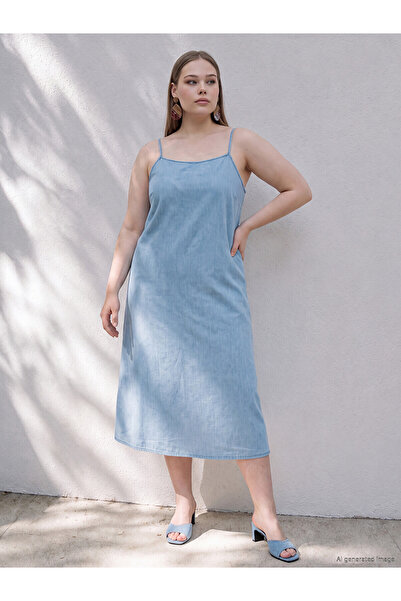 LC Waikiki Trendlucky Plus Size Rope Strap Mini Jean Dress with Difference