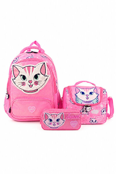 WANDER BAG Bubbles 9613 Sweet Cat Patterned Plush Detailed 3-Piece Primary Sc...