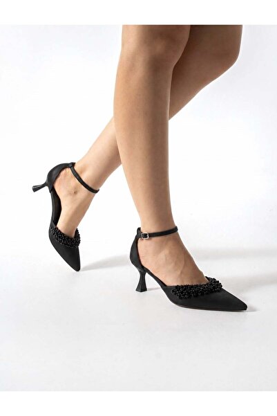 dabab shoes Laven Women's Black Pointed Toe Pearl Detailed Satin Ankle Strap ...