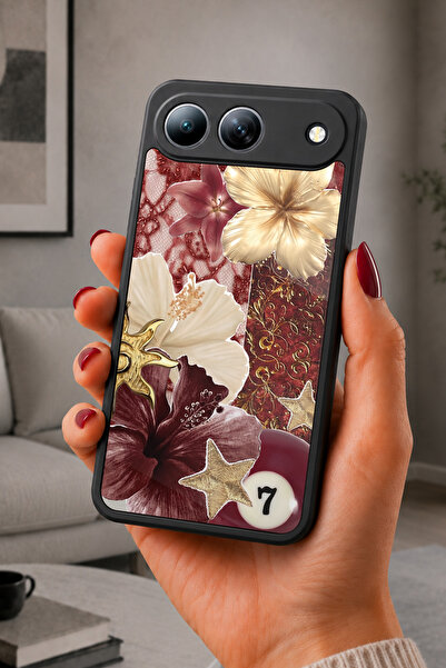 TECNO Spark 40 5G Uyumlu Bordo Altın Şans Çiçeği Desenli Parlak Baskılı Kamer...