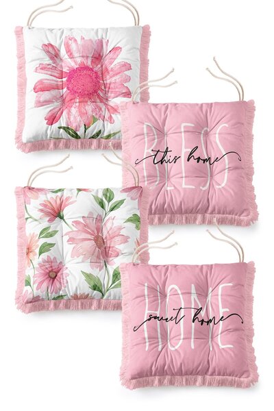 IdeCraft Pink Daisy and Home Written Fringed Lace-Up 4-Piece Fluffy Chair Cus...