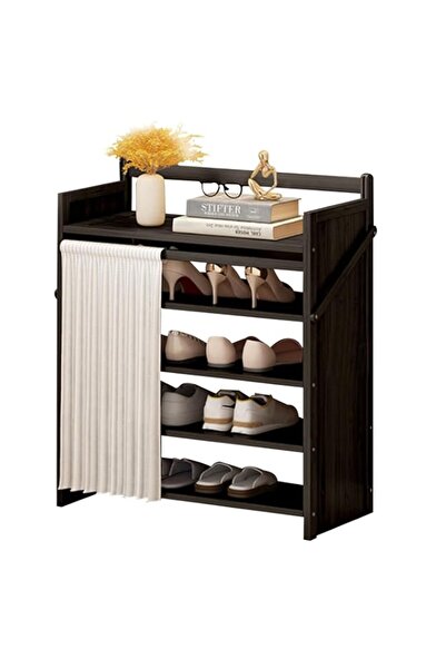 Generic Beauenty Install-Free Wooden Shoe Rack with Curtain, Foldable 5 Layer...