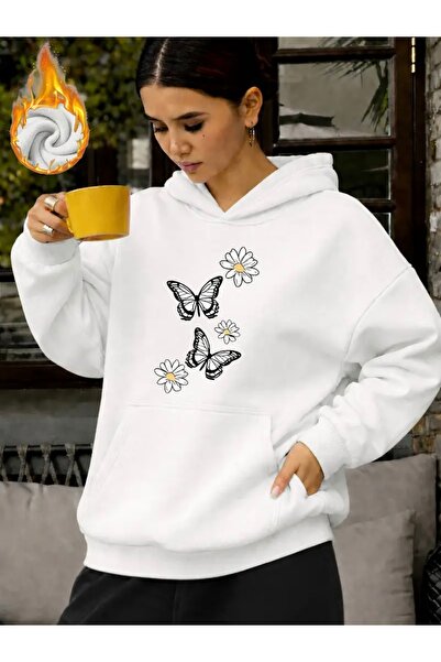 FUFLUNS Daisy Butterfly Printed Oversized Unisex Women'S/Men's Hooded Sweatshirt