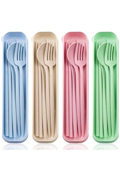 Generic Reusable Travel Utensils Set with Case, 4-Pack Portable Wheat Straw C...