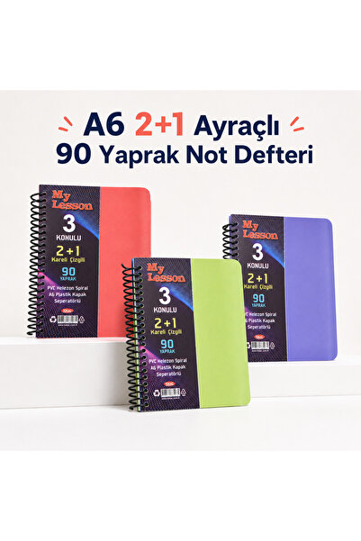 Srctech 2 Adet 2+1 Ayraçlı A6 Defter 3 Konulu 90 Yaprak 2 Kareli 1 Çizgili Sp...