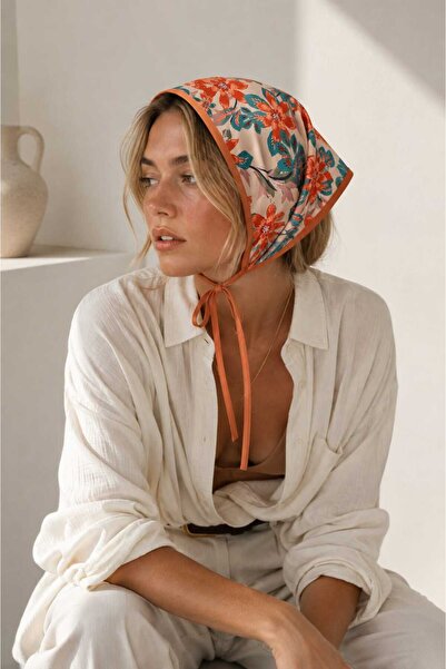 Handmade Betty Bands Women's Beige Orange Floral Patterned Triangle Bandana T...