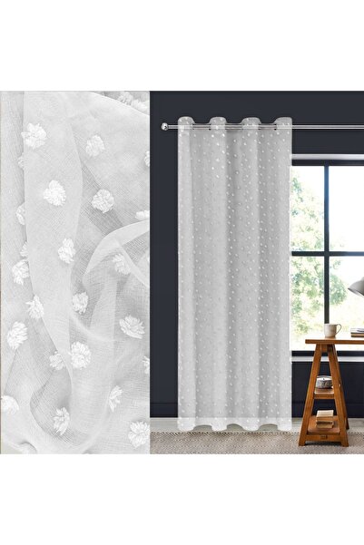 OEM Perdea decorativă albă 140x260cm - Cu inele și bordură cu pompoane