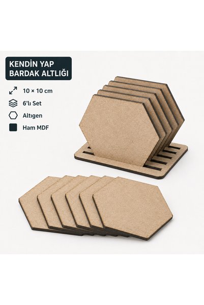 ArliaDesign Çukurova Ahşap Lazer Kendin Yap 6’lı Altıgen Bardak Altlığı Seti Standlı 10x10 cm Ham MDF