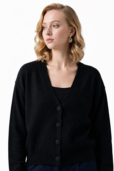 SMAC Women's Black V-Neck Buttoned Knitwear Cardigan – Basic Medium Length Lo...