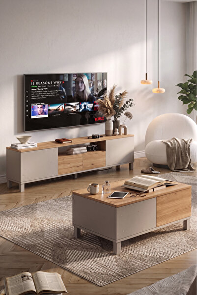 Yurudesign Mood Tv Ünitesi Orta Sehpa 2'Li Set Ahşap Ayaklı Kumsal-Sepet MD7-CS