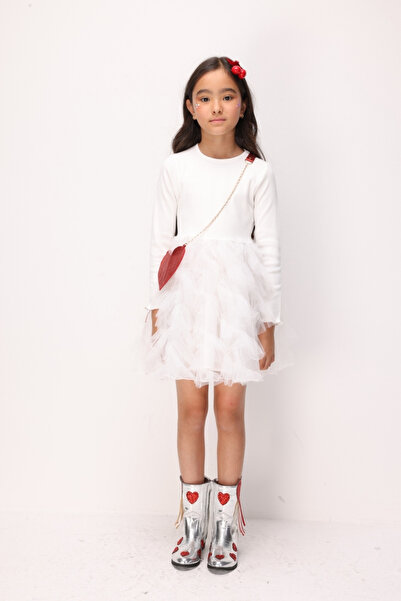Le Mabelle Ecru Ruffled Skirt Detailed Long Sleeve Girls' Dress - Alora