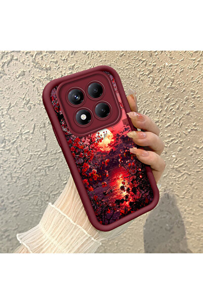 SLIMFELT Redmi Note 14 Pro Plus+ 5G Uyumlu Kırmızı Çiçek ve Dolunay Manzara D...