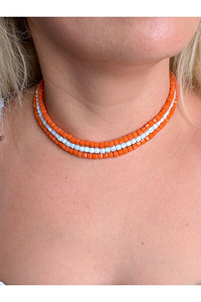 3 Sıralı Turuncu Mavi Kristal Boncuk Choker Kolye Yazlık Kadın Kolye