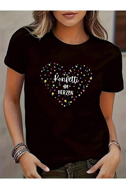kai22 Oversized Women's T-Shirt, Loose Fit, Flat Print New Heart Pattern T-Shirt