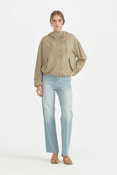 Nihan Hooded Rayon Jacket with Pocket Detail - Thyme
