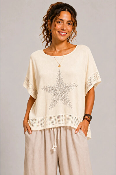 MetuCA Women's Cream Linen Sequin Star Detailed Bohemian Loose Mercerized Blouse