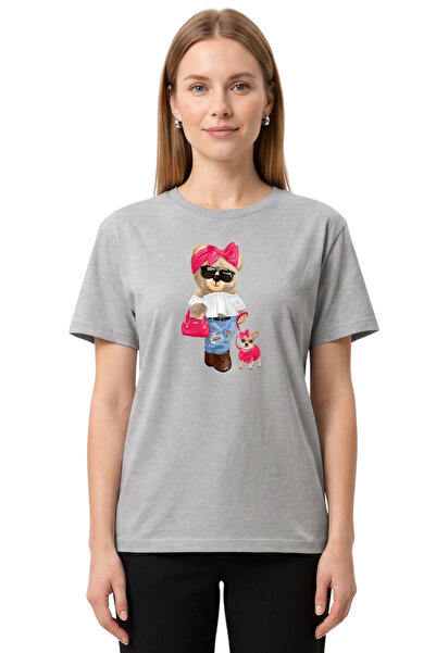 DK DAKSEL Tricou cu imprimeu cu ursuleț și câine, gri, pentru femei, 100% bum...