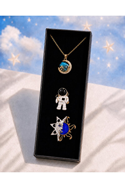 PULİNİN DÜKKANI Women's Gold Color Galaxy Moon Star Necklace, Astronaut and S...