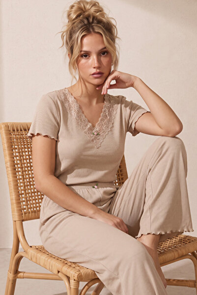 Siyah İnci Mink Lace Cotton Ribbed Camisole Knitted Pajama Set26120701