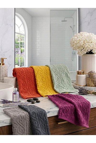 İz Home 6lı Set Püsküllü Jakarlı Avangard El & Baş Havlu Seti | 50x90 CM | Pamuklu Ultra Emici | Hediyelik Çeyizlik | Turuncu - Mor - Su Yeşili - Gri - Hardal - Mavi