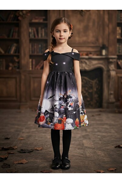 ddaniela Girls Halloween Printed Off-Shoulder Costume Dress – Black Witch Par...
