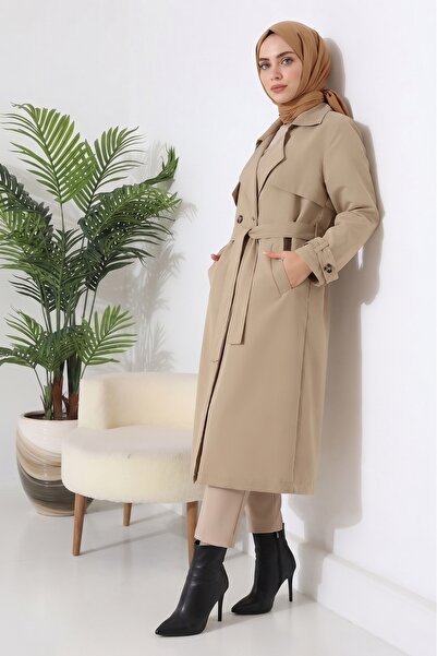 B.HE.Z Women's Hijab Below Knee Lined Degaje Collar Linen Fabric Slit Trench ...