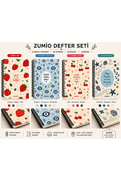zumio A5 Spiralli Çizgisiz Defter 4'lü Set 50 Yaprak 100 Sayfa Renkli Tasarımlı Okul Not Defteri