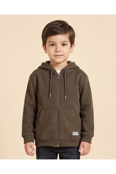 REDTAG Boys Olive Zip Up Hooded Sweatshirt