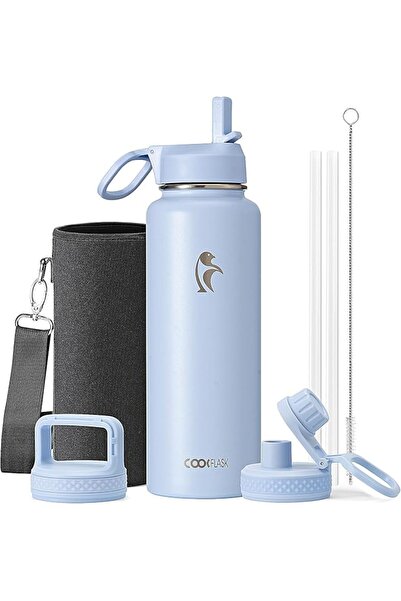 GENERAL Insulated Water Bottle with Stainless Steel Straw and 3 Lids Wide Mou...