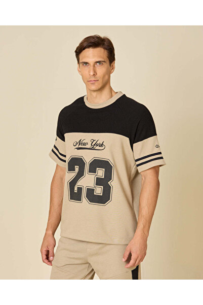 REDTAG Men Beige And Black Pique Embroidered T-Shirt