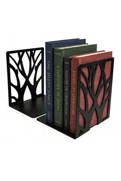 HSB BİRDAL Modern Ağaç Desenli Metal Kitap Tutucu Seti - Masa Üstü Kitap Kaydırmaz Ayak Tutacak Seti 2 li Siyah