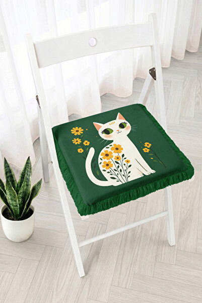 Realhomes Floral Cat Figured Fringed Zippered Chair Cushion - Modern Garden a...