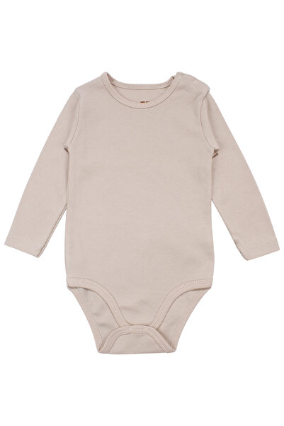 bebegen Unisex Round Neck Beige Plain Snap Fastener Bodysuit
