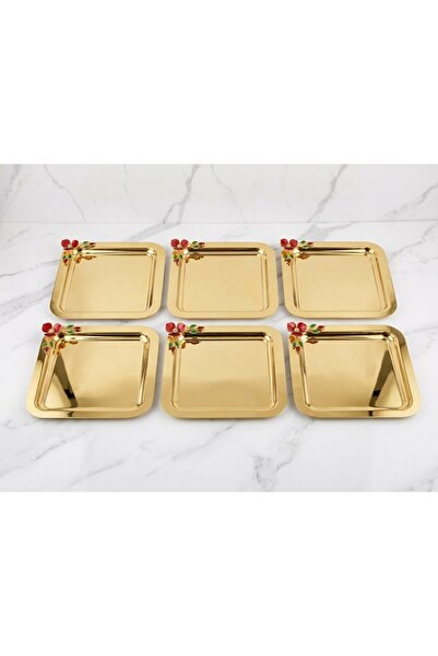 UK HOME ACCESSORIES Dağ Lalesi Kırmızı Mineli Gold 6’lı Sunum Tepsi Seti – Lü...