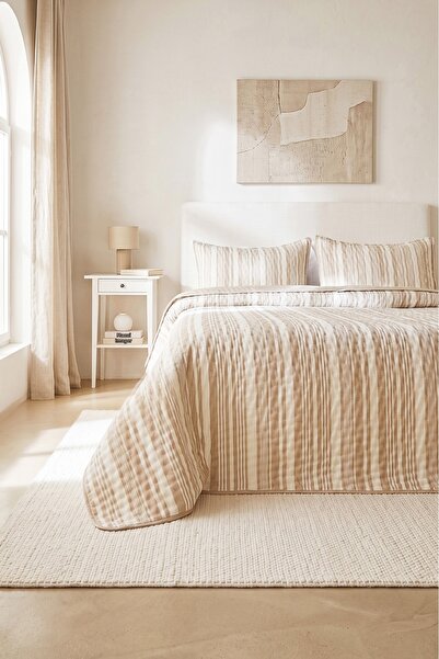 Ocean Home Textile Set cuvertură de pat dublă cu model în dungi, matlasată di...